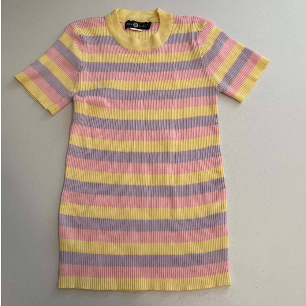 Daisy Street Pastel Rainbow Stripe Ribbed Knit Mini Dress Short Sleeve Small f5